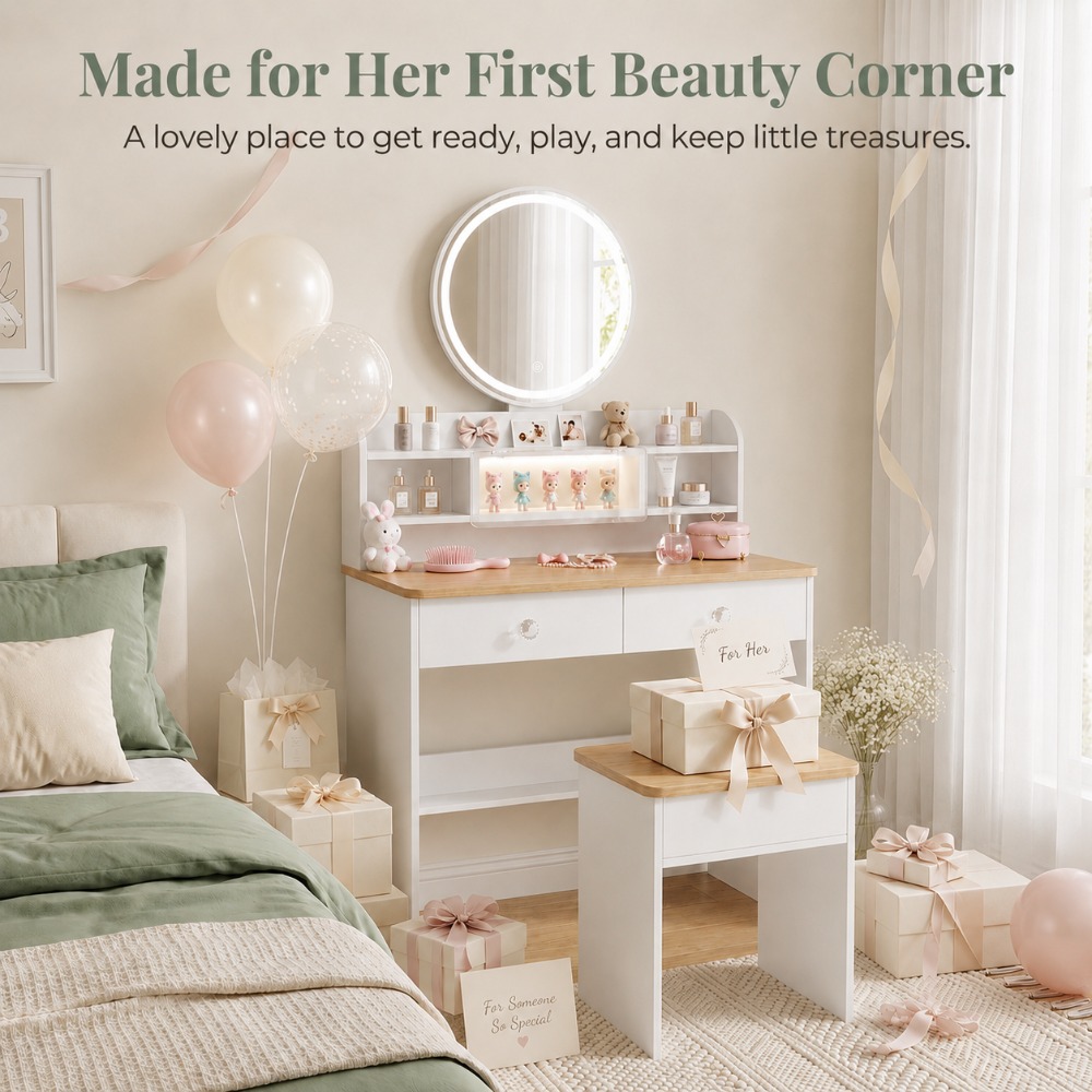Beauty Makeup Vanity Set - Perfect Gift for Her, Round Wood